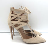 Aquazzura Belgravia Lace-Up Pumps Nude Suede Size 37.5 Pointed Toe Heels