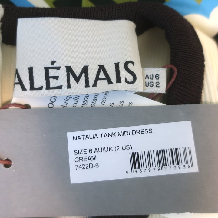 Alemais Natalia Tank Midi Dress Cream Ribbed Knit &amp; Printed Poplin Size US 2 NEW
