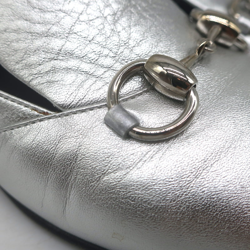 Gucci Kira Metallic Leather Horsebit Flats Silver Size 38