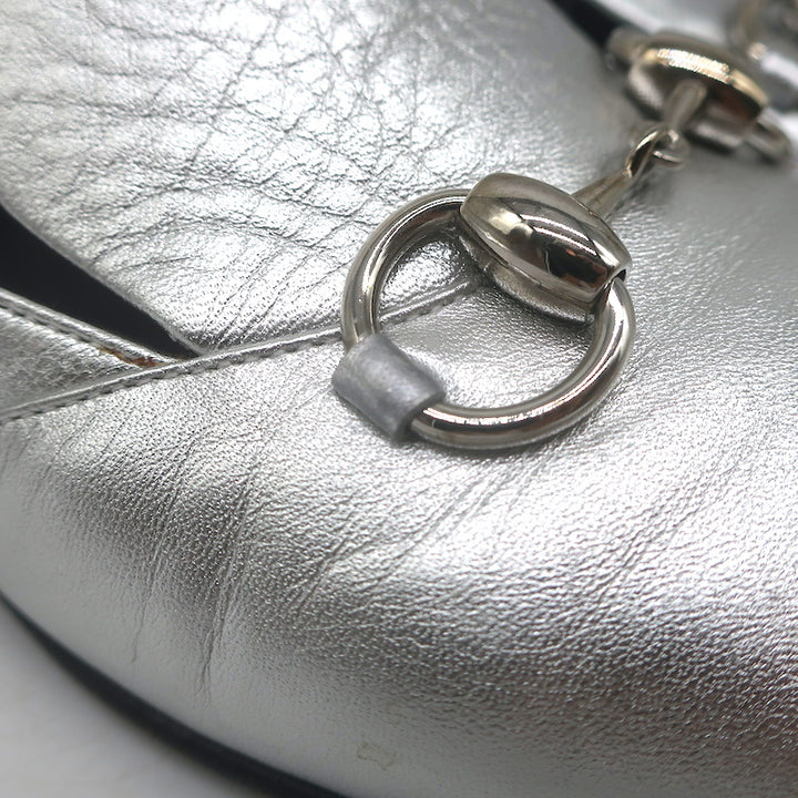 Gucci Kira Metallic Leather Horsebit Flats Silver Size 38