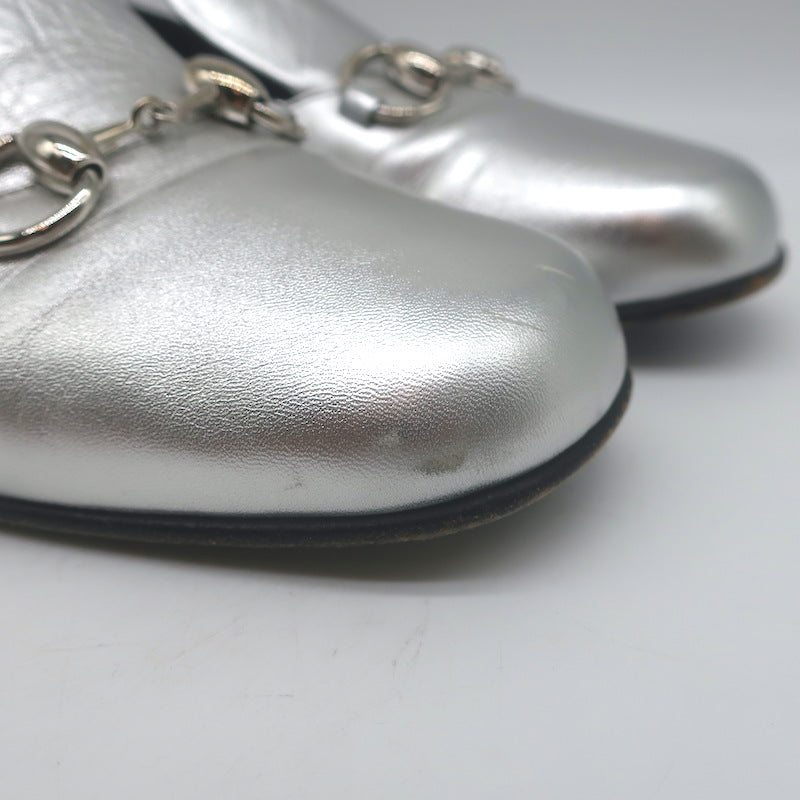 Gucci Kira Metallic Leather Horsebit Flats Silver Size 38