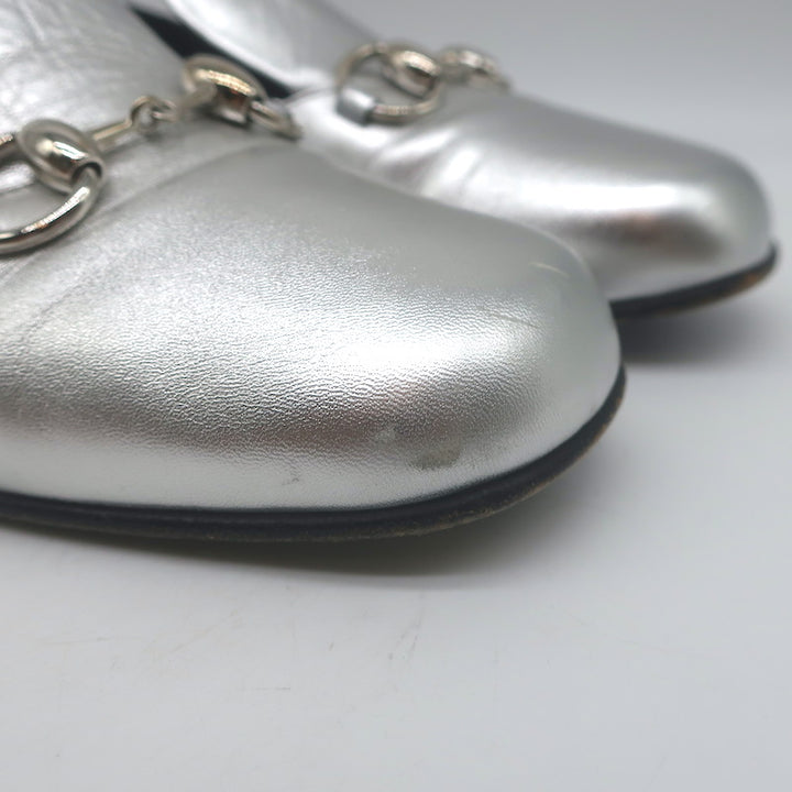 Gucci Kira Metallic Leather Horsebit Flats Silver Size 38