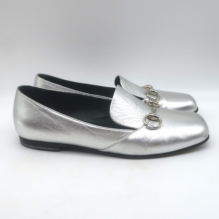 Gucci Kira Metallic Leather Horsebit Flats Silver Size 38