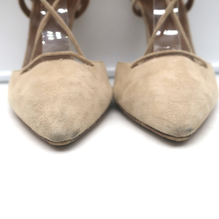 Aquazzura Belgravia Lace-Up Pumps Nude Suede Size 37.5 Pointed Toe Heels