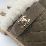 Chanel 21B CC Turnlock Cork-Platform Shearling Mules Taupe Quilted Suede Size 39