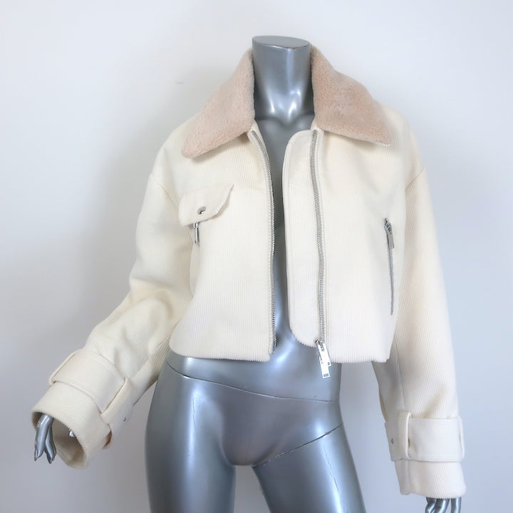 Khaite cropped corduroy jacket with faux fur collar in cream, pre-owned luxury piece