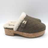 Chanel 21B CC Turnlock Cork-Platform Shearling Mules Taupe Quilted Suede Size 39
