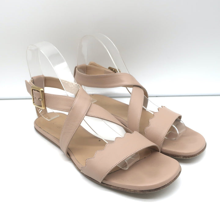 Chloe Scalloped Crisscross Flat Sandals Nude Leather Size 37