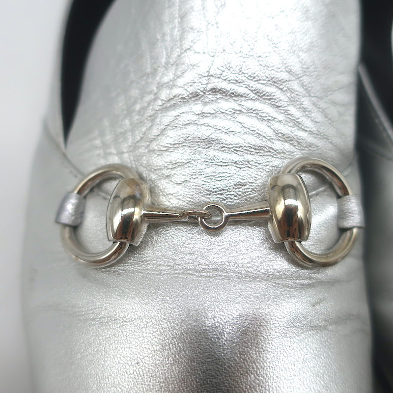 Gucci Kira Metallic Leather Horsebit Flats Silver Size 38