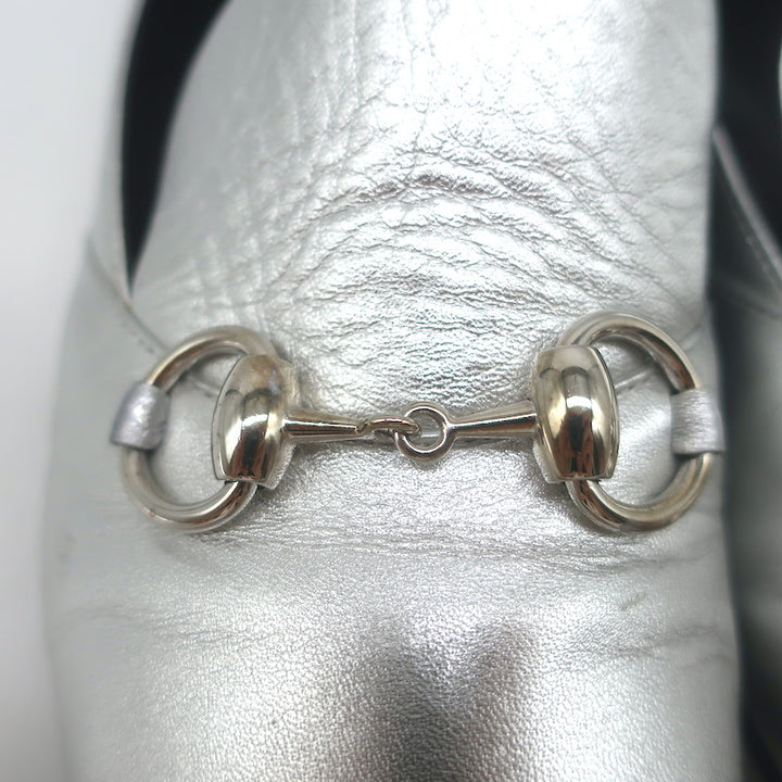 Gucci Kira Metallic Leather Horsebit Flats Silver Size 38