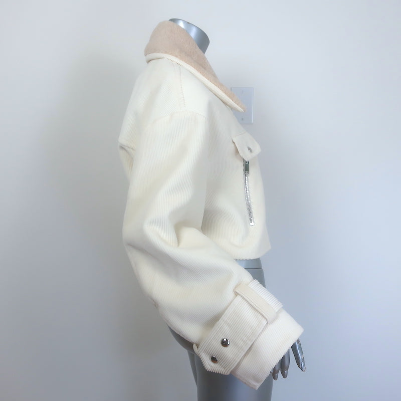 Khaite Flinn cropped corduroy jacket with faux fur collar, cream, pre-owned luxury, gently worn