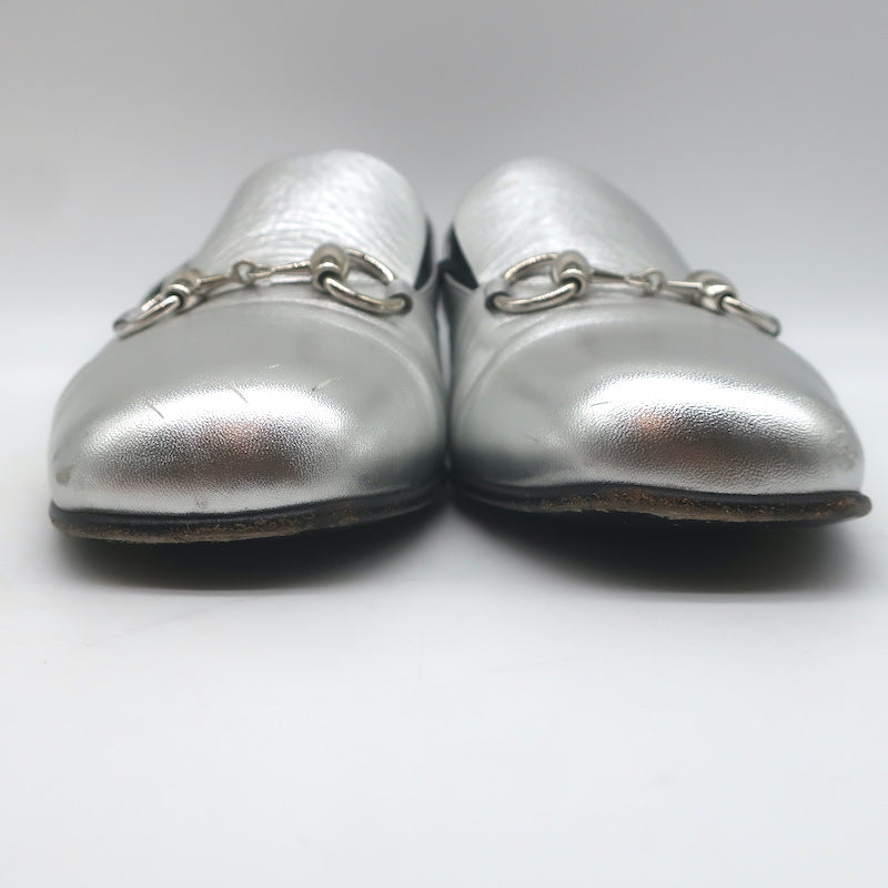 Gucci Kira Metallic Leather Horsebit Flats Silver Size 38