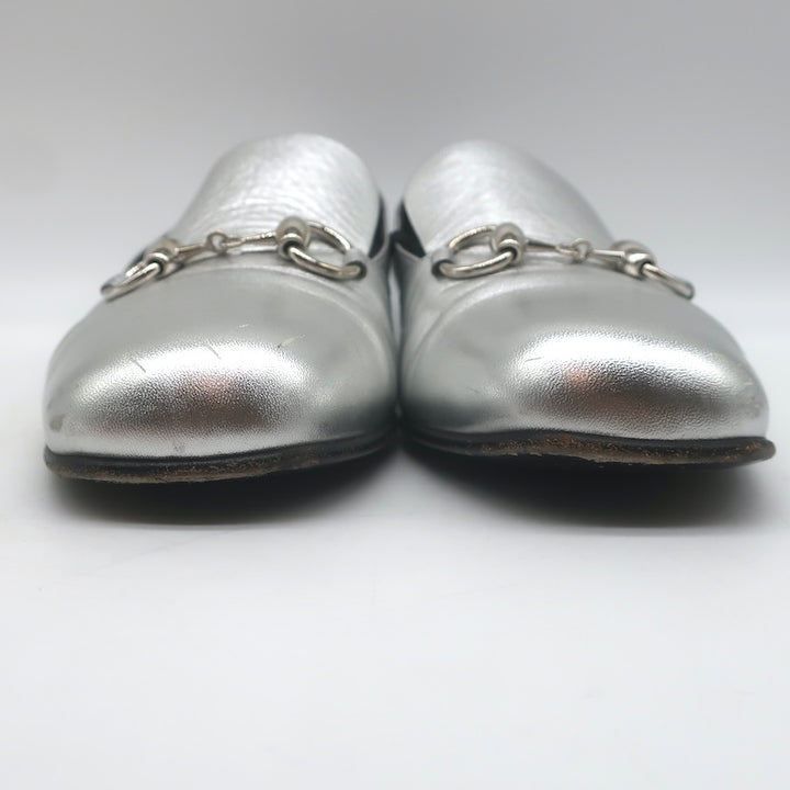 Gucci Kira Metallic Leather Horsebit Flats Silver Size 38