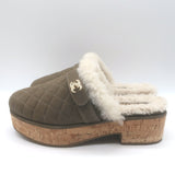 Chanel 21B CC Turnlock Cork-Platform Shearling Mules Taupe Quilted Suede Size 39