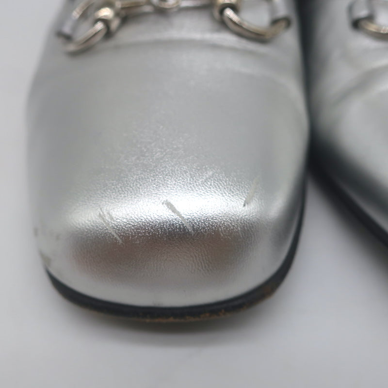 Gucci Kira Metallic Leather Horsebit Flats Silver Size 38