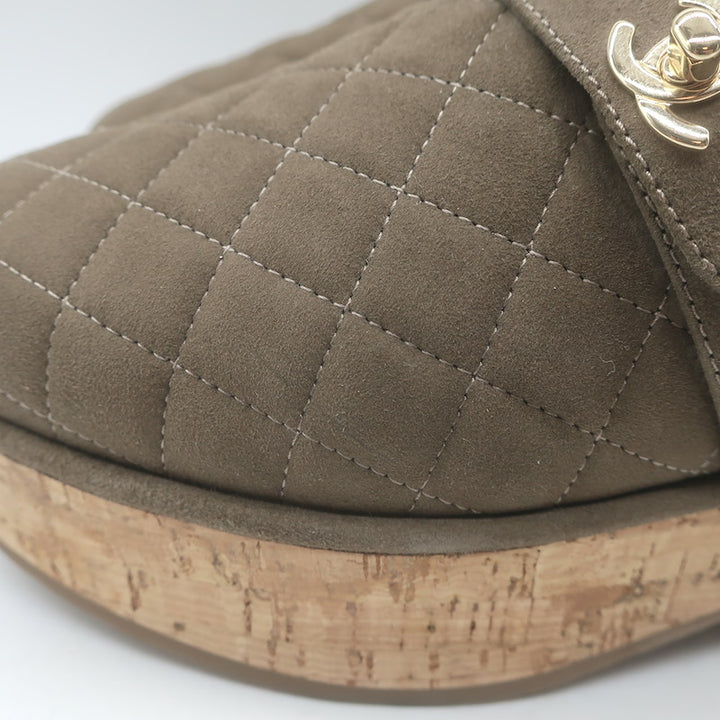 Chanel 21B CC Turnlock Cork-Platform Shearling Mules Taupe Quilted Suede Size 39