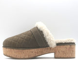 Chanel 21B CC Turnlock Cork-Platform Shearling Mules Taupe Quilted Suede Size 39