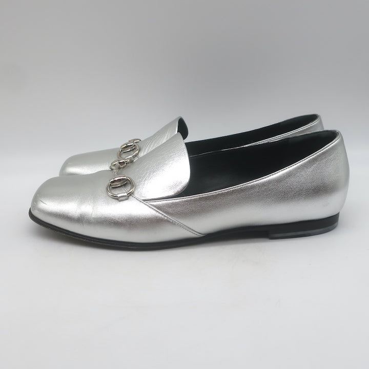 Gucci Kira Metallic Leather Horsebit Flats Silver Size 38