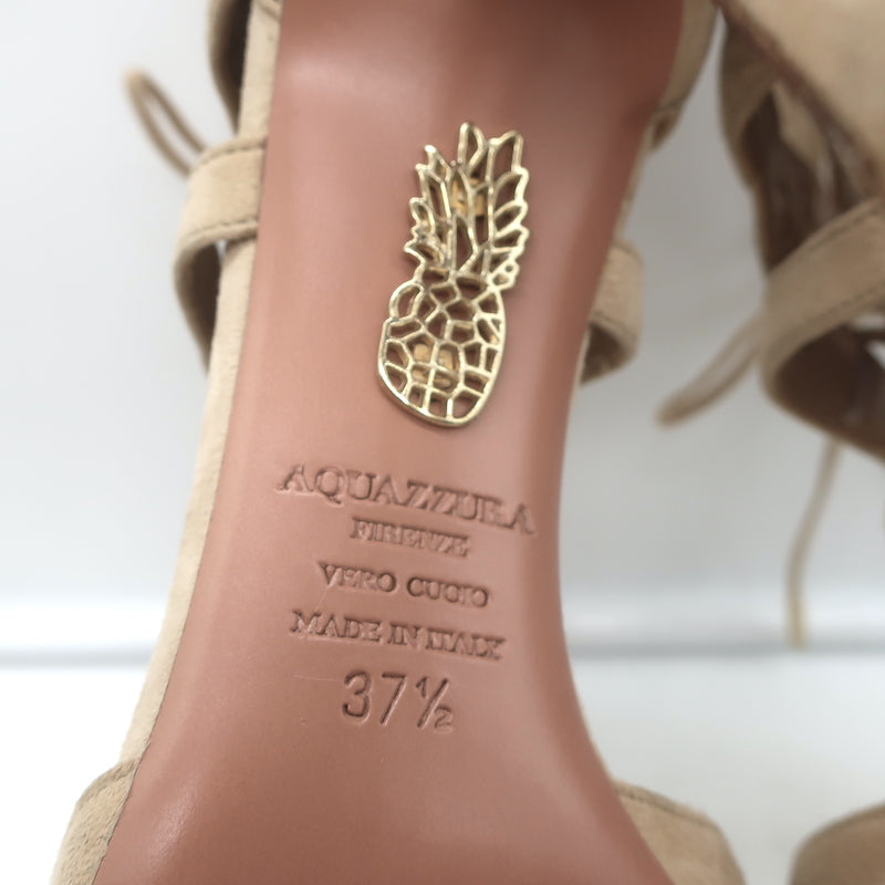 Aquazzura Belgravia Lace-Up Pumps Nude Suede Size 37.5 Pointed Toe Heels