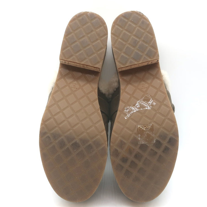 Chanel 21B CC Turnlock Cork-Platform Shearling Mules Taupe Quilted Suede Size 39