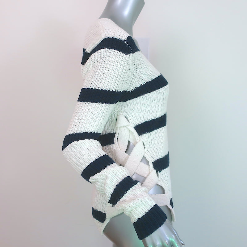 Derek Lam 10 Crosby Pat Lace-Up Side Sweater Cream/Navy Striped Size Small NEW