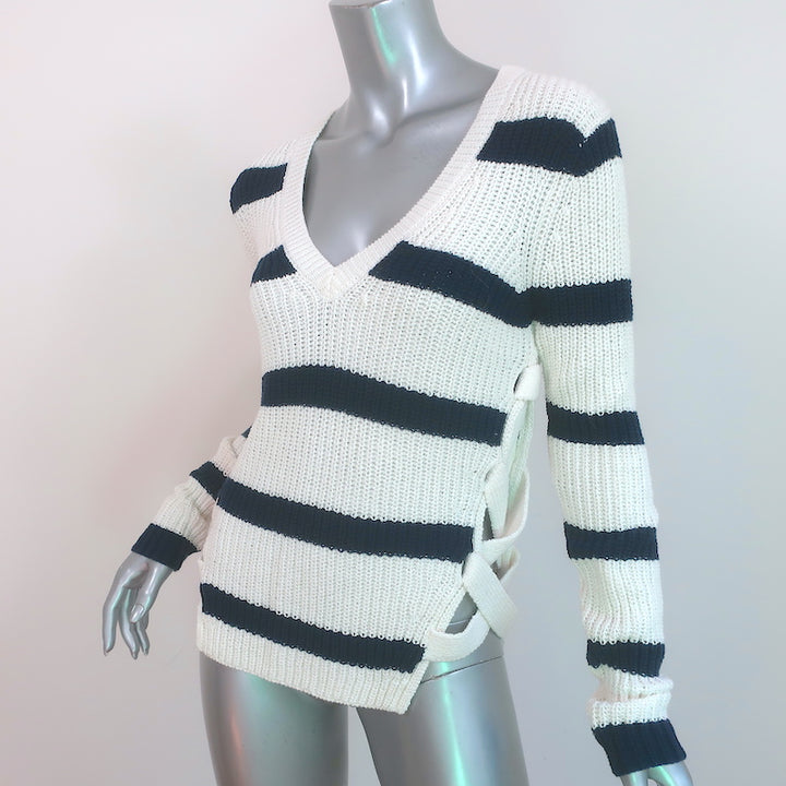 Derek Lam 10 Crosby Pat Lace-Up Side Sweater Cream/Navy Striped Size Small NEW