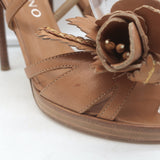 Valentino Flower Sandals Brown Leather Size 36.5 Crisscross Ankle Strap Heels