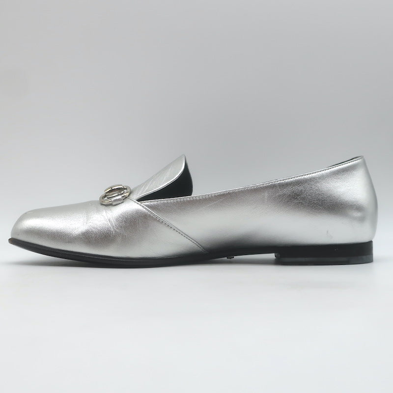Gucci Kira Metallic Leather Horsebit Flats Silver Size 38