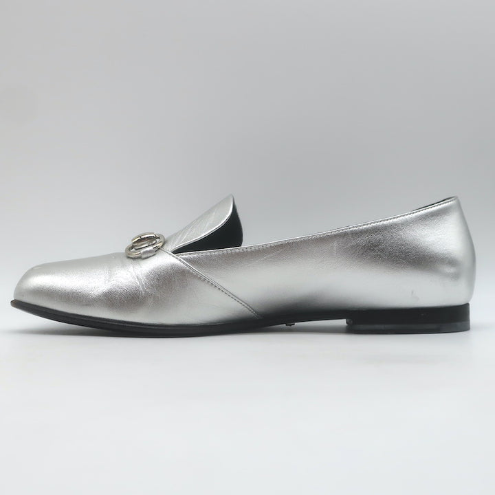 Gucci Kira Metallic Leather Horsebit Flats Silver Size 38