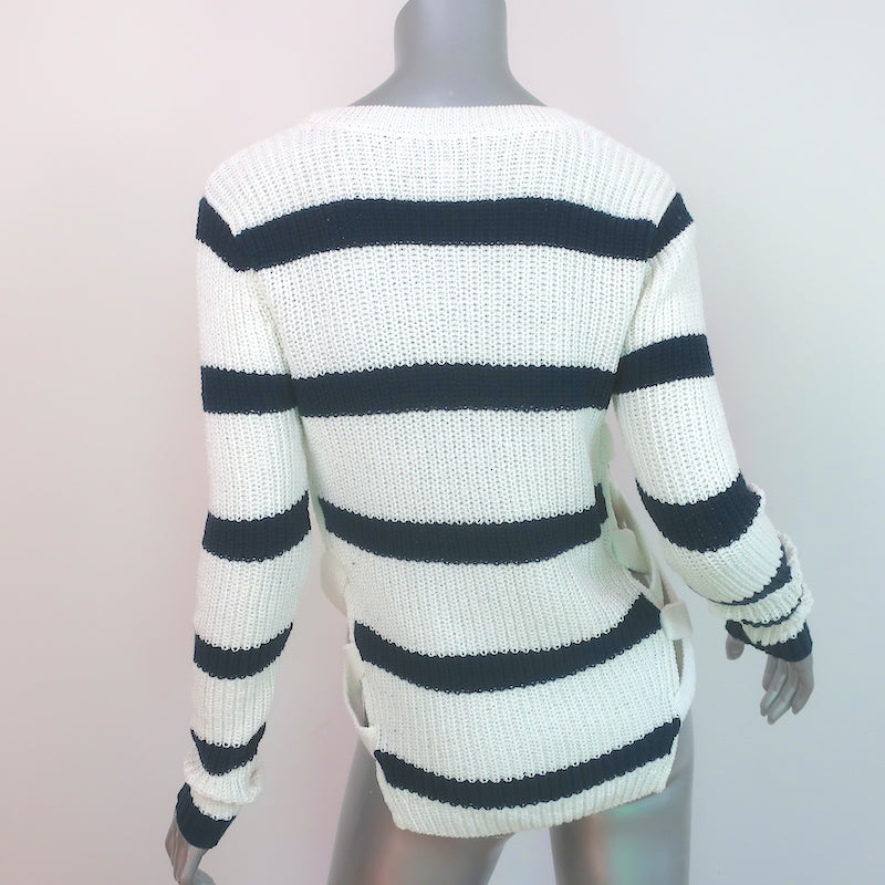 Derek Lam 10 Crosby Pat Lace-Up Side Sweater Cream/Navy Striped Size Small NEW