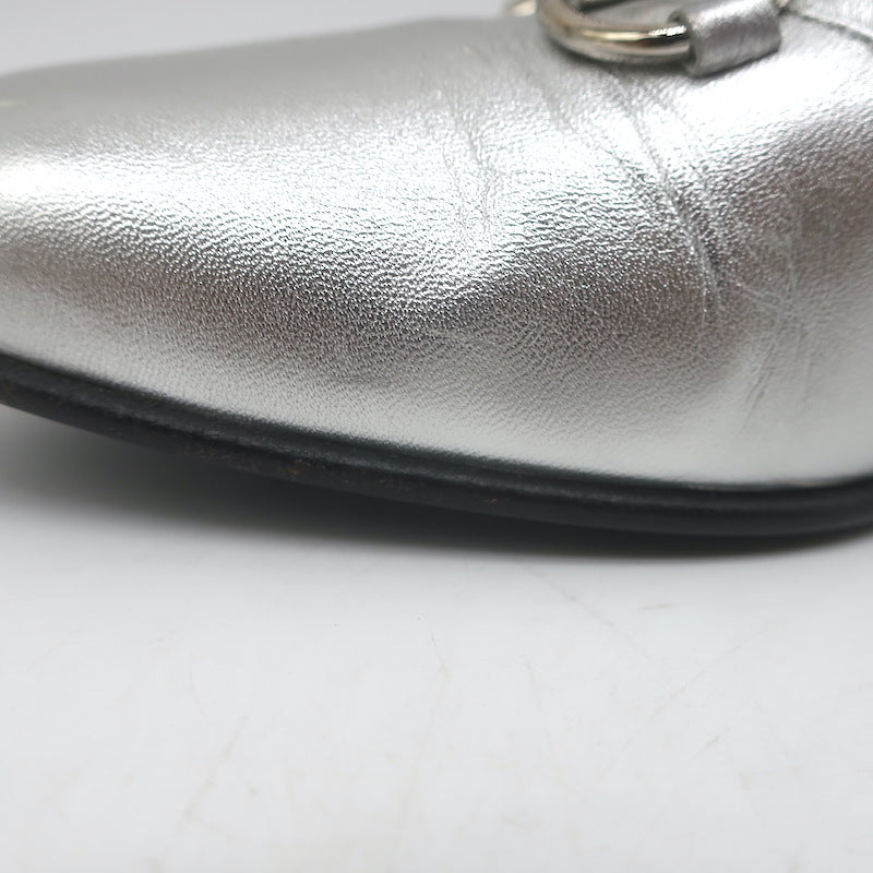 Gucci Kira Metallic Leather Horsebit Flats Silver Size 38