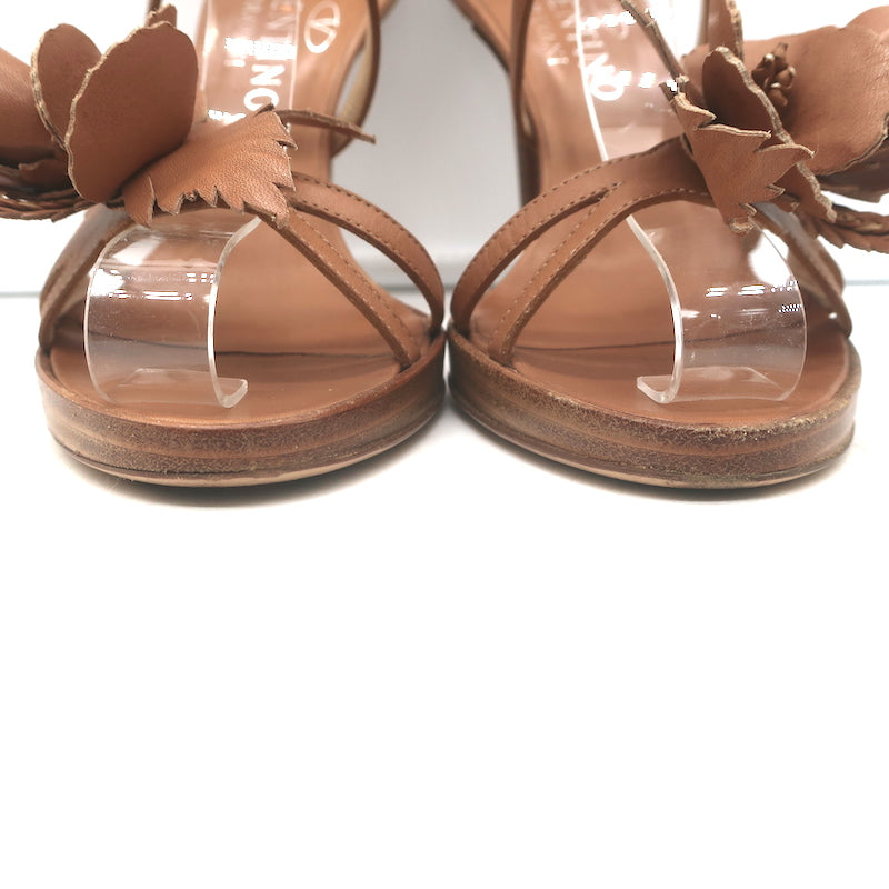 Valentino Flower Sandals Brown Leather Size 36.5 Crisscross Ankle Strap Heels