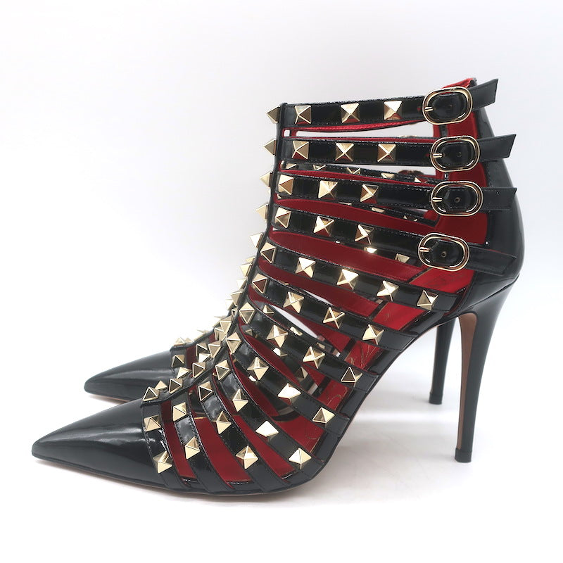 Valentino Alcove Rockstud Strappy Booties Black Patent Leather Size 38 NEW