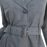 Prada Pleated-Side Coat Gray Checked Wool Size 40 Single Breasted Belted Jacket