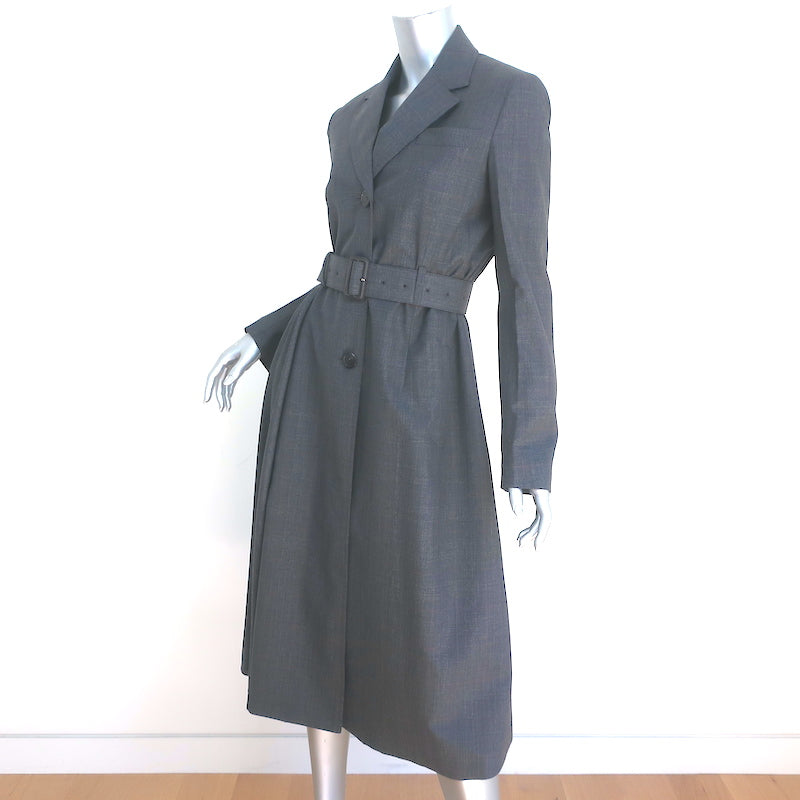 Prada Pleated-Side Coat Gray Checked Wool Size 40 Single Breasted Belted Jacket