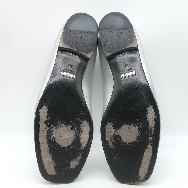 Gucci Kira Metallic Leather Horsebit Flats Silver Size 38