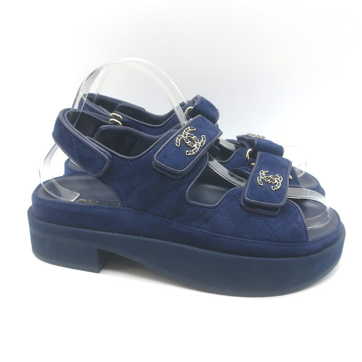 Chanel Chain-CC Quilted Suede Dad Sandals Navy Size 37