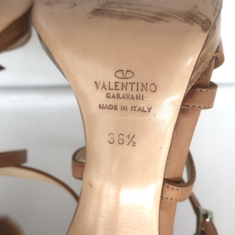 Valentino Flower Sandals Brown Leather Size 36.5 Crisscross Ankle Strap Heels