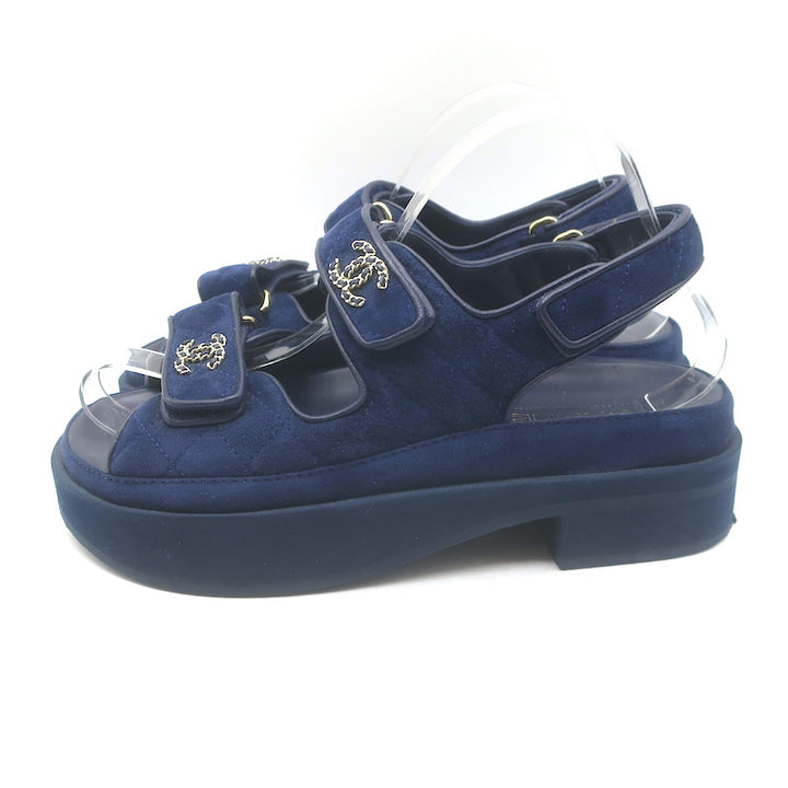 Chanel Chain-CC Quilted Suede Dad Sandals Navy Size 37