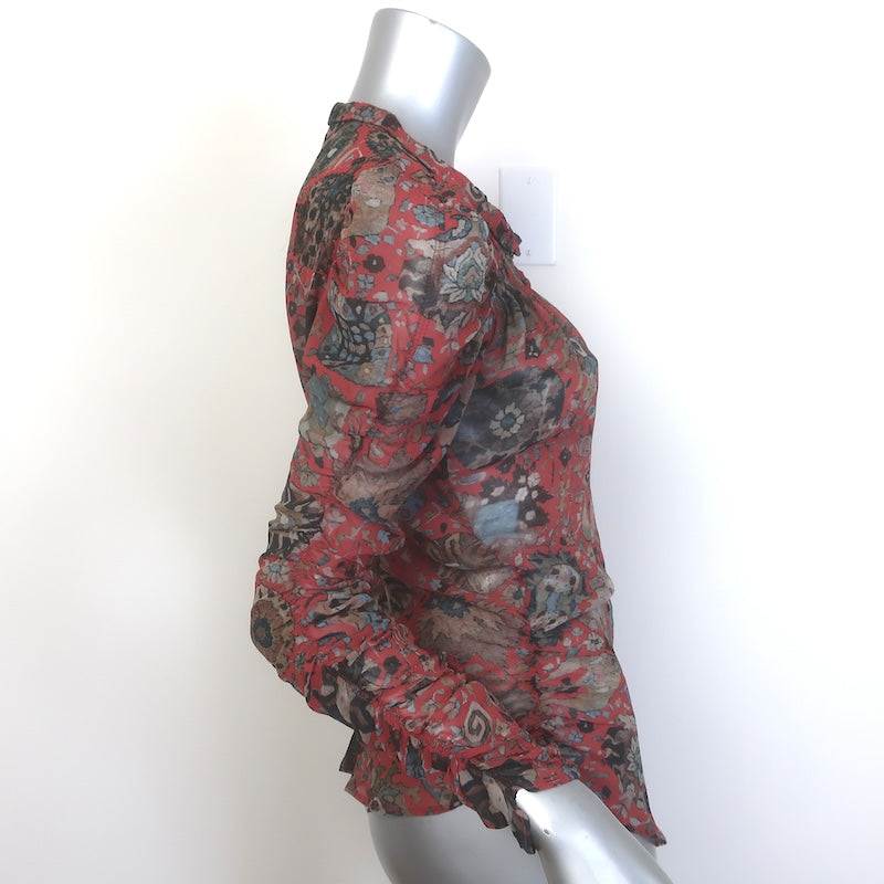 Isabel Marant Ruched Button-Up Blouse Red/Multi Printed Silk Chiffon Size 2 NEW