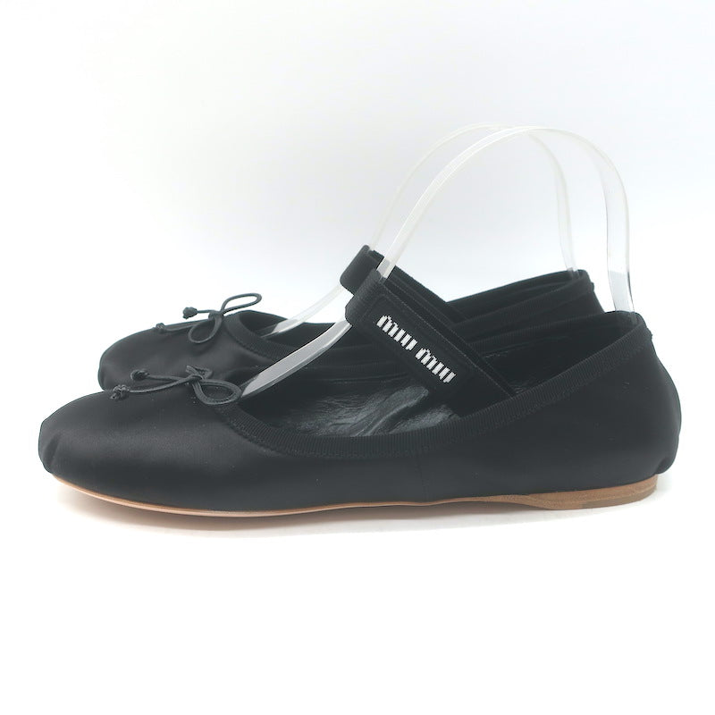 Miu Miu Logo Strap Ballet Flats Black Satin Size 38 NEW