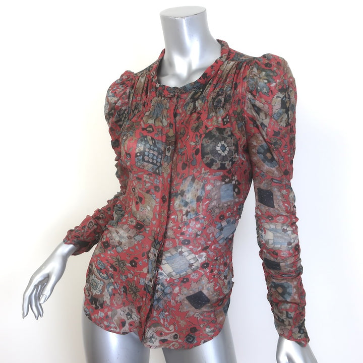 Isabel Marant Ruched Button-Up Blouse Red/Multi Printed Silk Chiffon Size 2 NEW