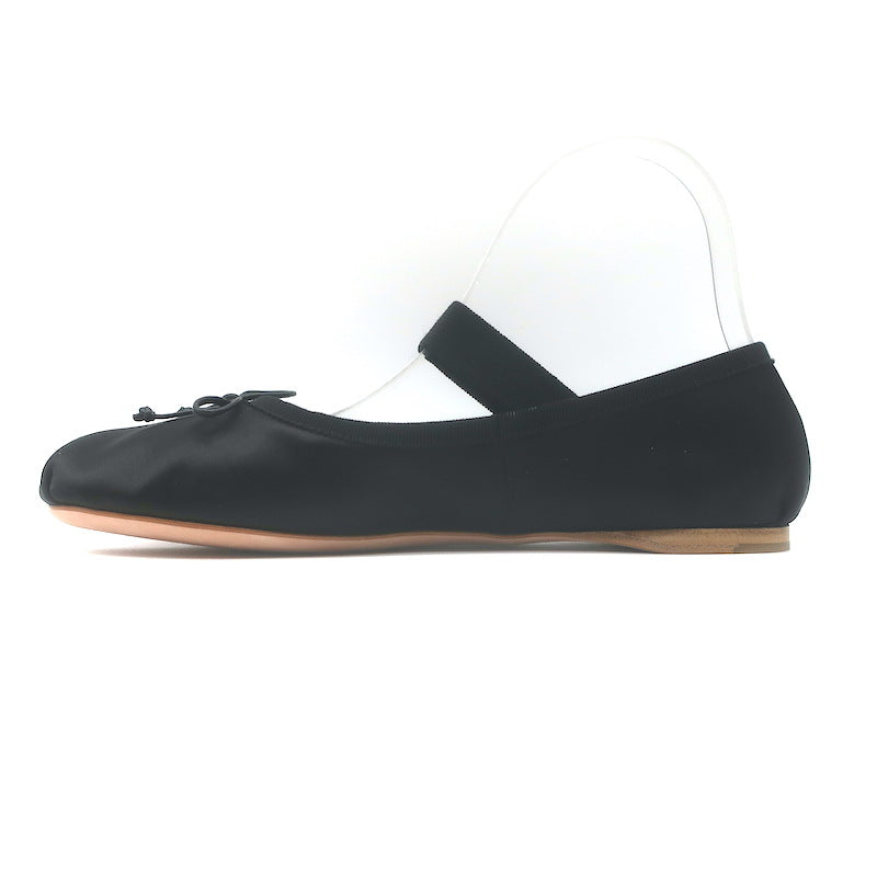 Miu Miu Logo Strap Ballet Flats Black Satin Size 38 NEW