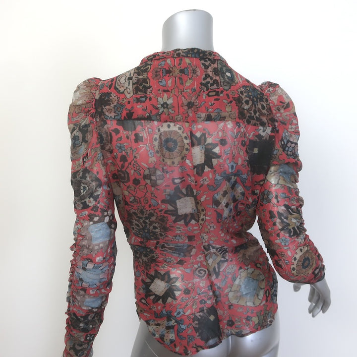 Isabel Marant Ruched Button-Up Blouse Red/Multi Printed Silk Chiffon Size 2 NEW