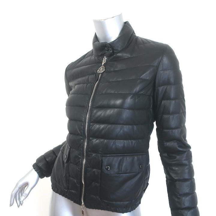 Moncler Delfi Leather Down Puffer Jacket Black Size 0