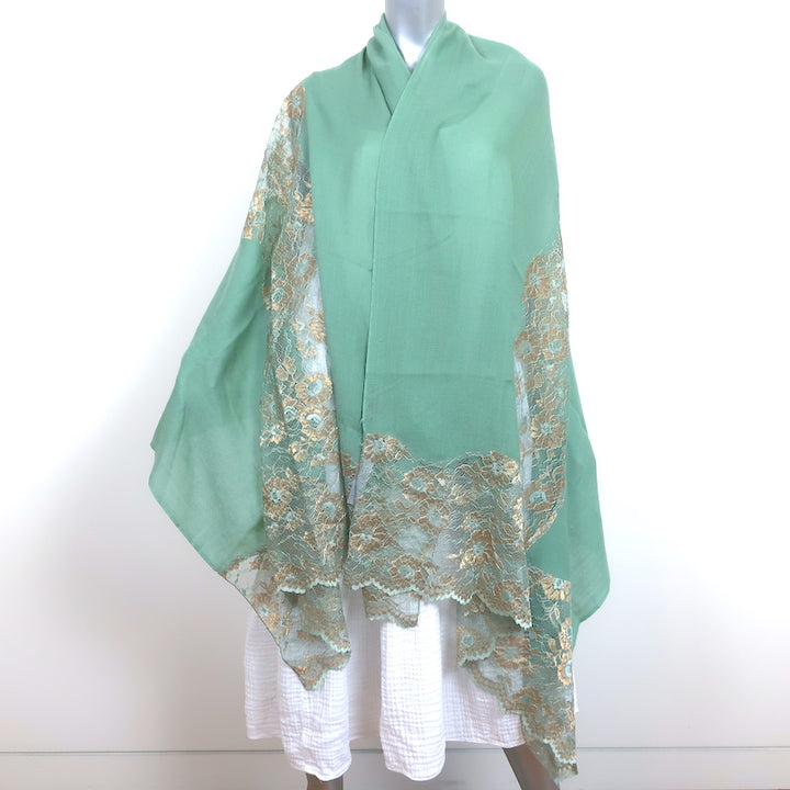 Janavi Metallic Lace-Paneled Cashmere Shawl Scarf Mint/Gold NEW