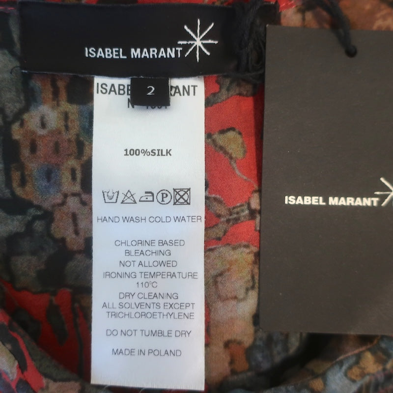 Isabel Marant Ruched Button-Up Blouse Red/Multi Printed Silk Chiffon Size 2 NEW