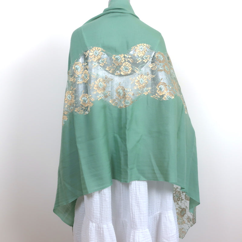 Janavi Metallic Lace-Paneled Cashmere Shawl Scarf Mint/Gold NEW