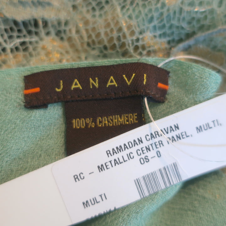 Janavi Metallic Lace-Paneled Cashmere Shawl Scarf Mint/Gold NEW