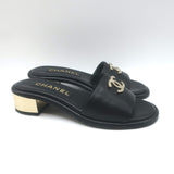 Chanel 23K CC Gold-Heel Slide Sandals Black Leather Size 37